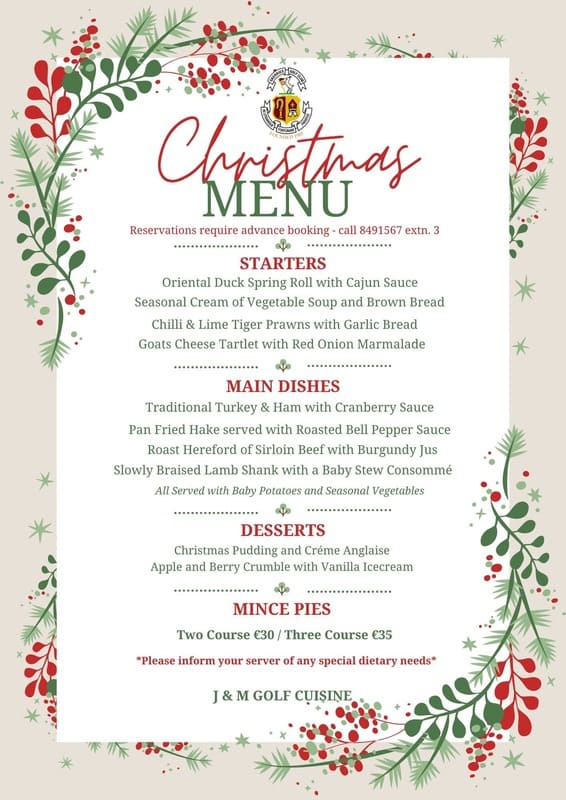 Christmas Menu 2025 at Skerries Golf Club
